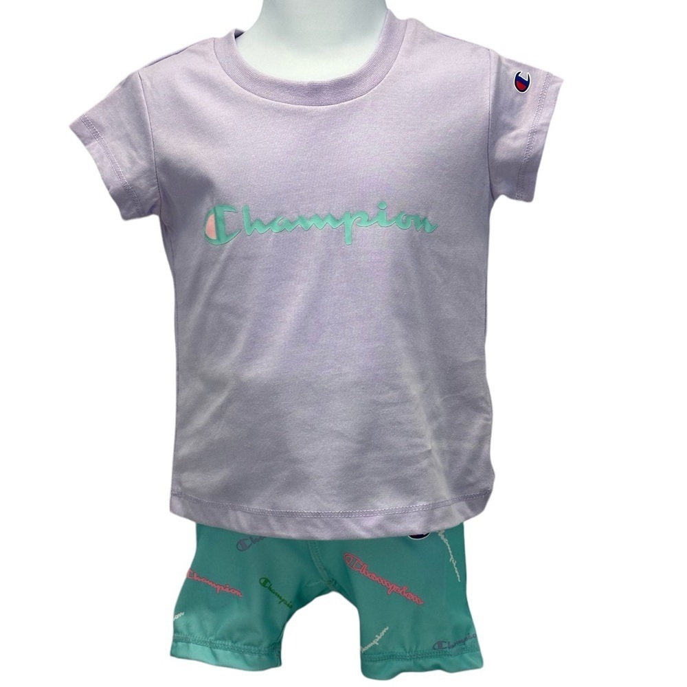 Champion Girls Purple Tee & Teal Blue Biker Short Set - size 2T